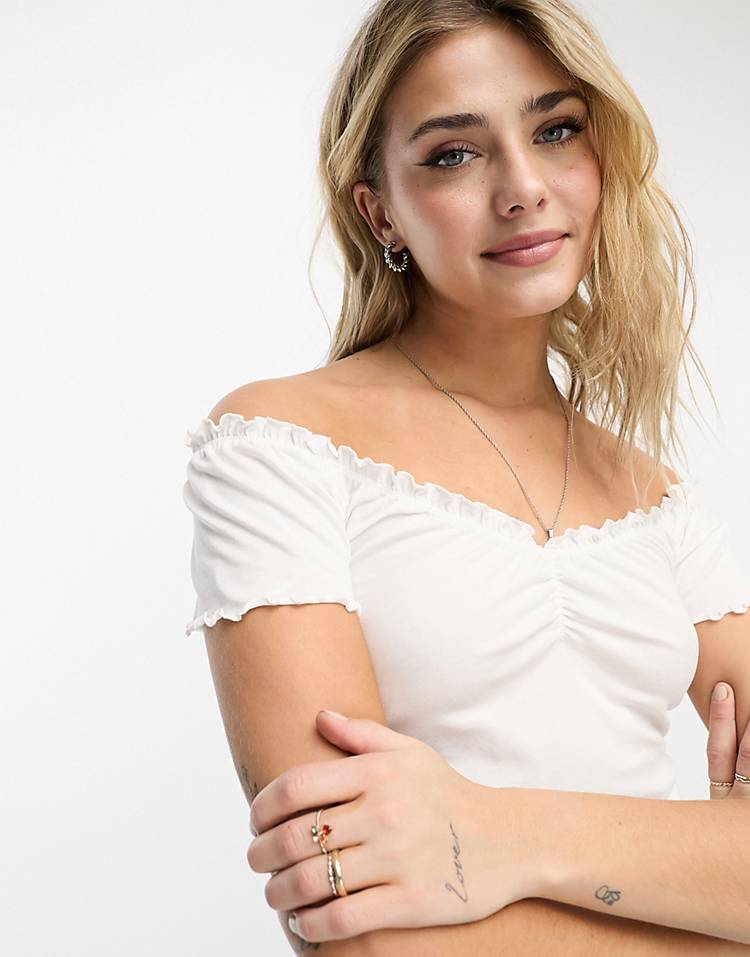 Monki gather detail off the shoulder top in white